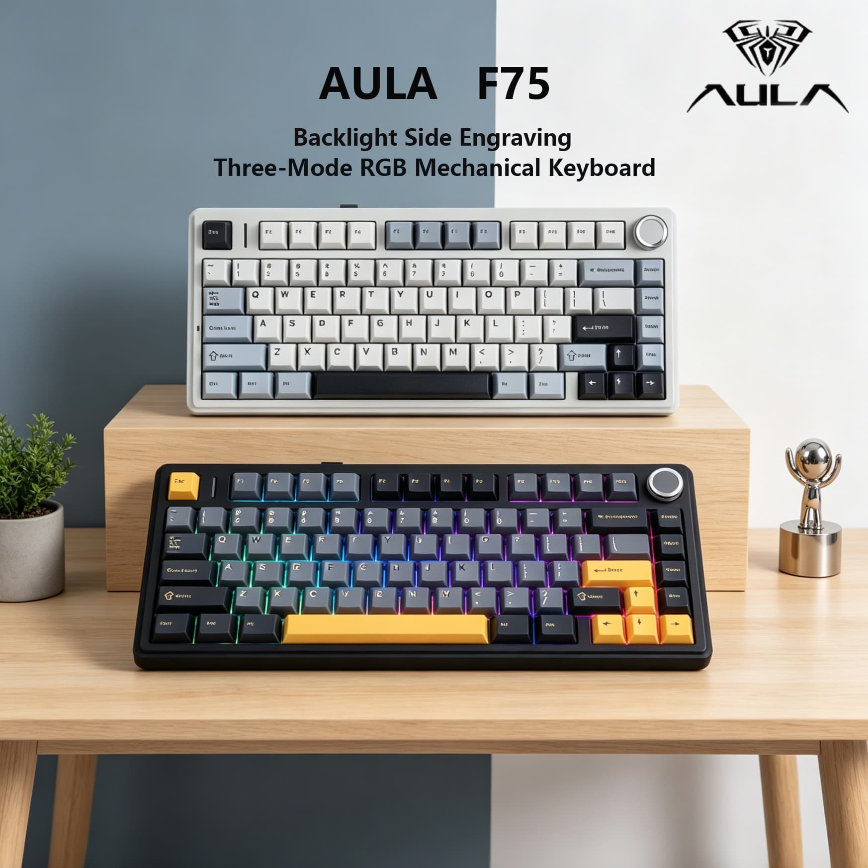 Teclado Mecânico Sem Fio Tri-Modo AULA F75 Layout 75% Estrutura de Junta, Troca a Quente PBT RGB Teclado para Jogos RGB