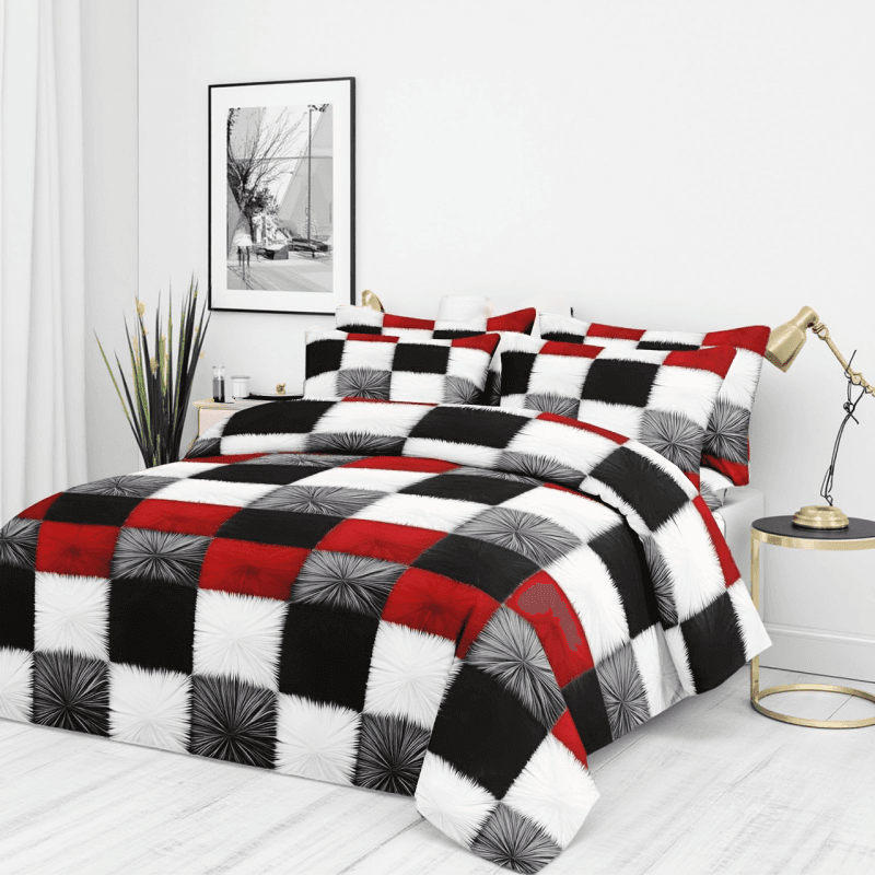 Conjunto de Capa de Edredom Quadriculado Vermelho, Preto e Branco – 3 Peças em Microfibra Macia com 2 Fronhas – Sem