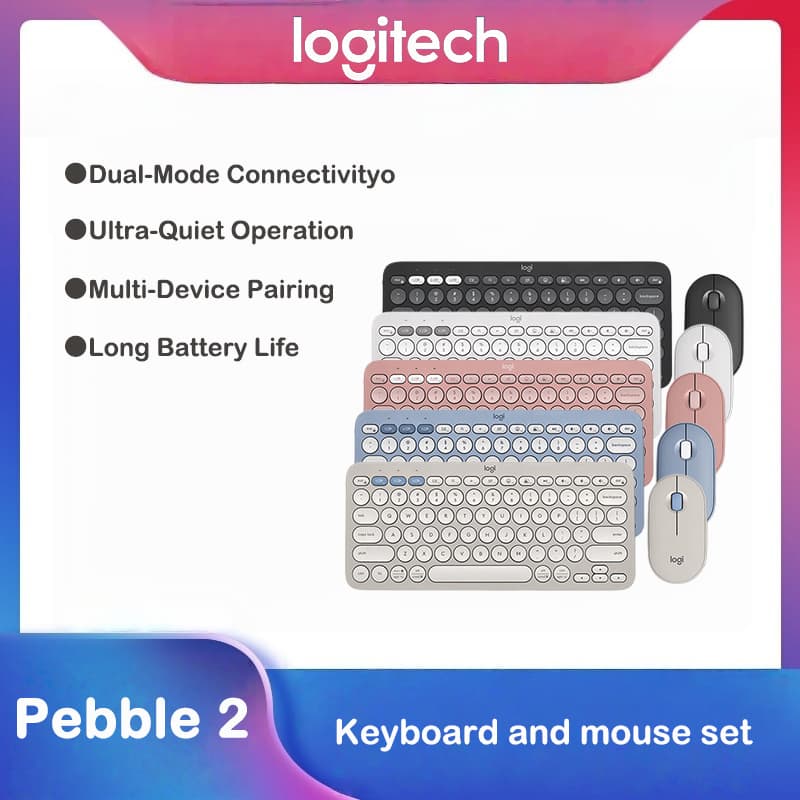 Conjunto de Teclado e Mouse Logitech Pebble 2 Combo Sem Fio, Teclado Silencioso Bluetooth com Conexão Multi-Dispositivo,