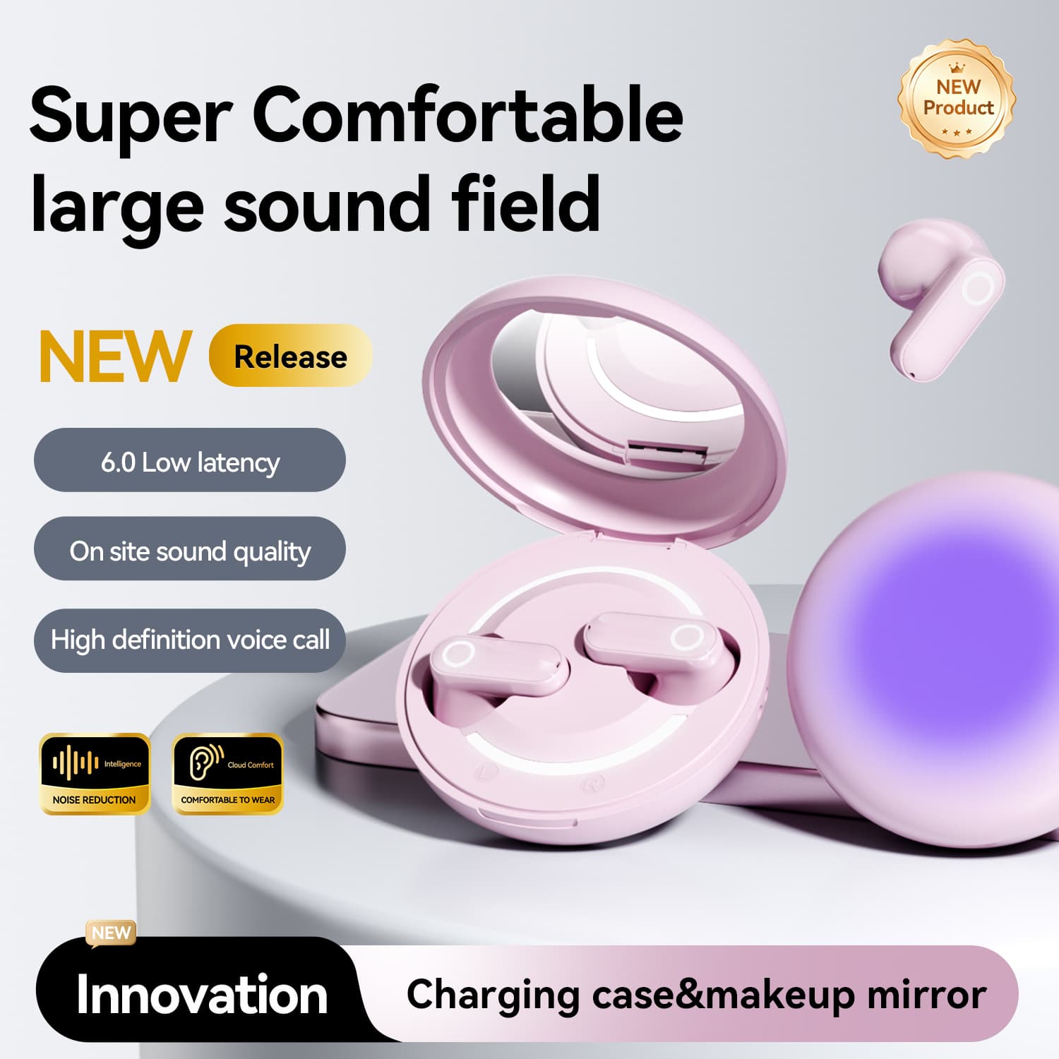 SPRISE M162 Fones de Ouvido sem Fio Bluetooth, Redução de Ruído, Fones Gamer, Controle por Toque, Espelho de Maquiagem,