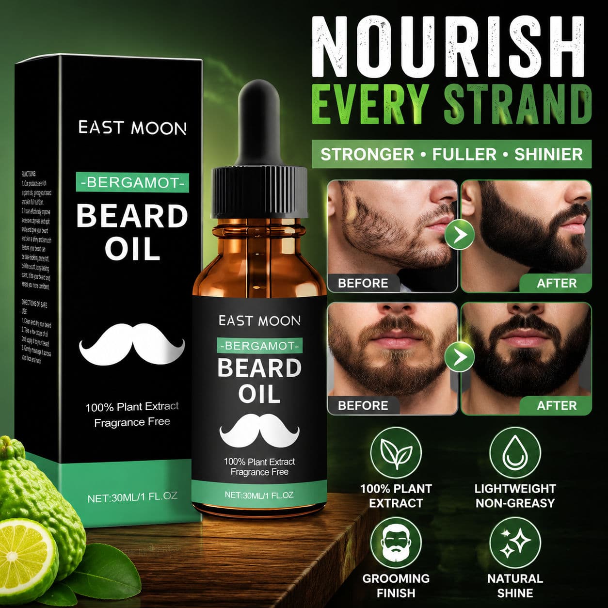 Óleo de Cuidado de Barba 30 ml | Óleo de Semente de Uva, Amacia a Barba, Fragrância Bergamota, Versão Aprimorada
