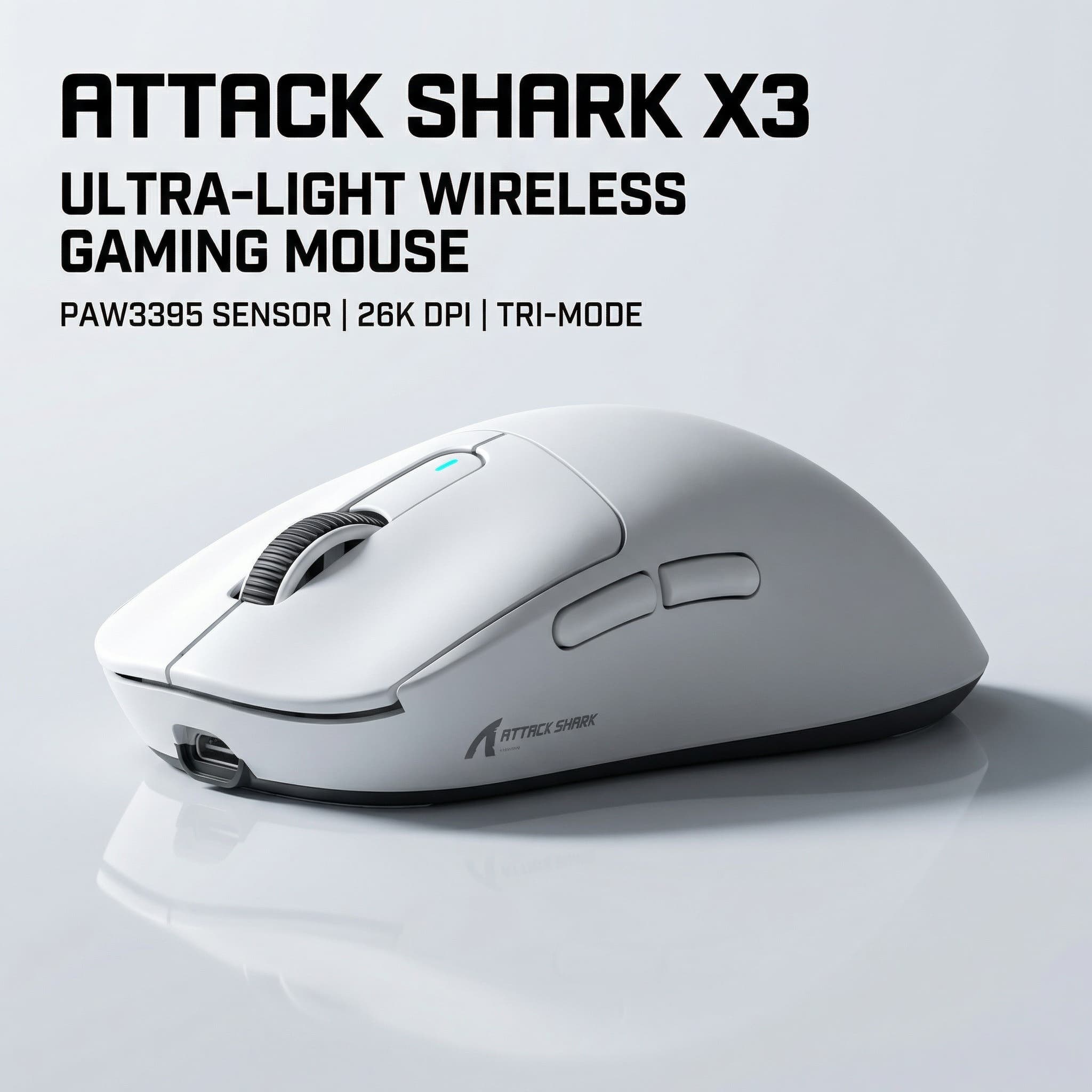 Mouse Gamer Attack Shark X3 Tri-Modo Sensor PAW3395 26000DPI Com Fio 2.4G BT5.2 Sem Fio 65H Bateria de Longa Duração
