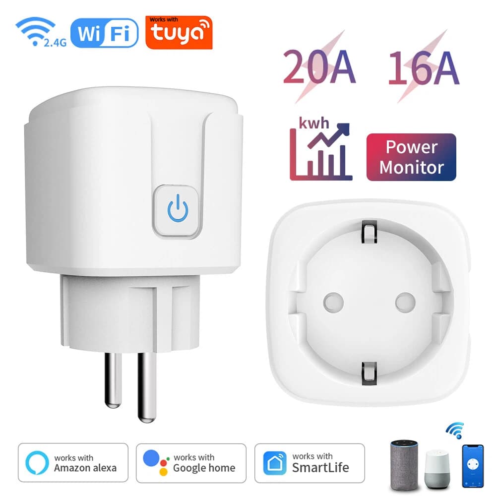 Para Tuya 16/20A Ue Tomada Inteligente WiFi Plugue Com Monitoramento De Energia Função Controle Voz Funciona Alexa
