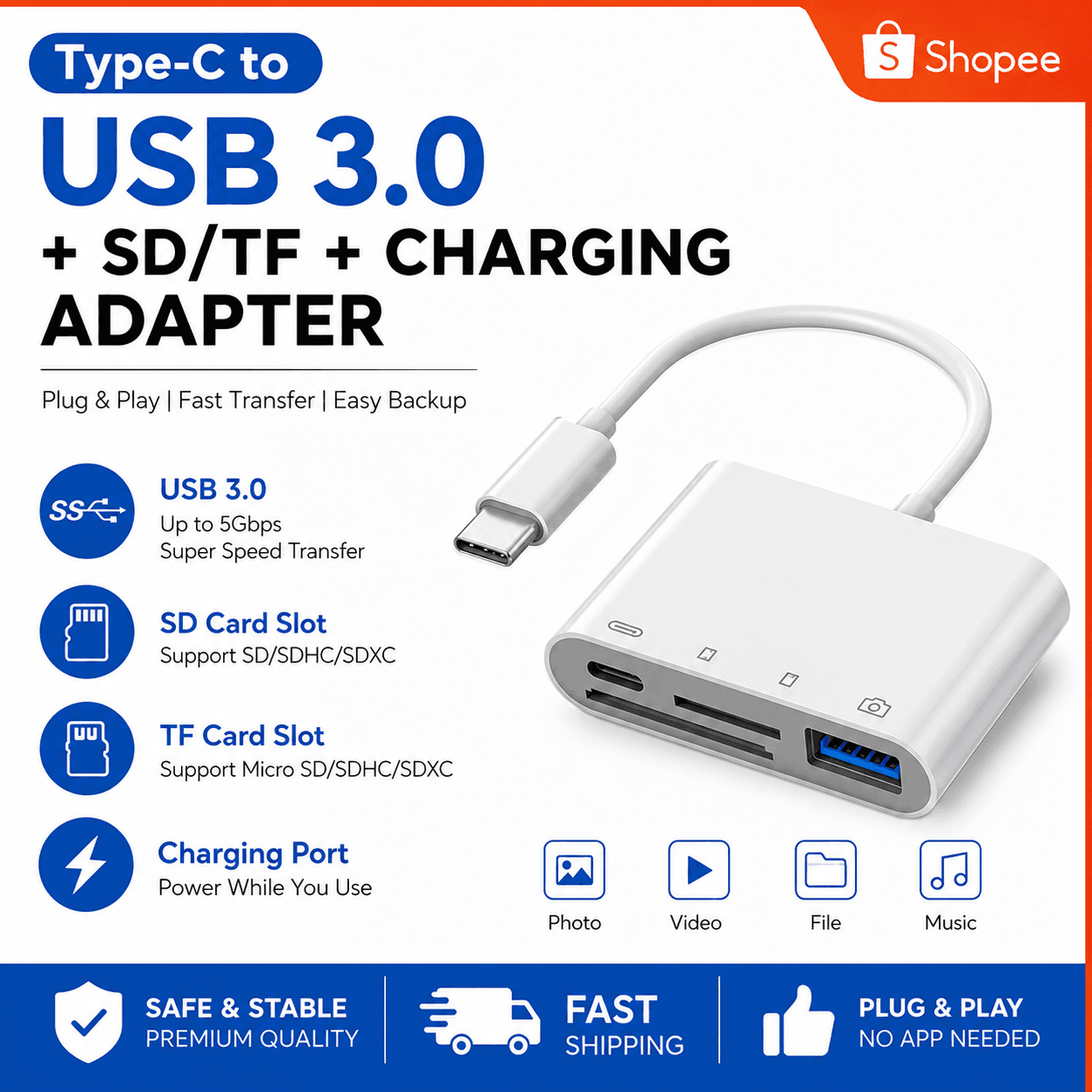 Leitor de cartões OTG Tipo C 3 em 1 com porta USB, SD, TF e alimentação, sincronização rápida de arquivos para expansão