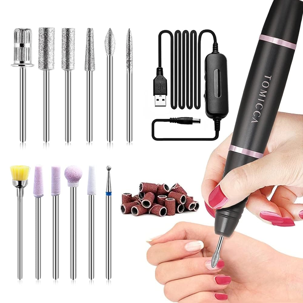 Kit de Lixa Elétrica Profissional TOMICCA, Máquina de Lixa de Unhas Elétrica USB 20000 RPM com 12 Pontas de Lixa
