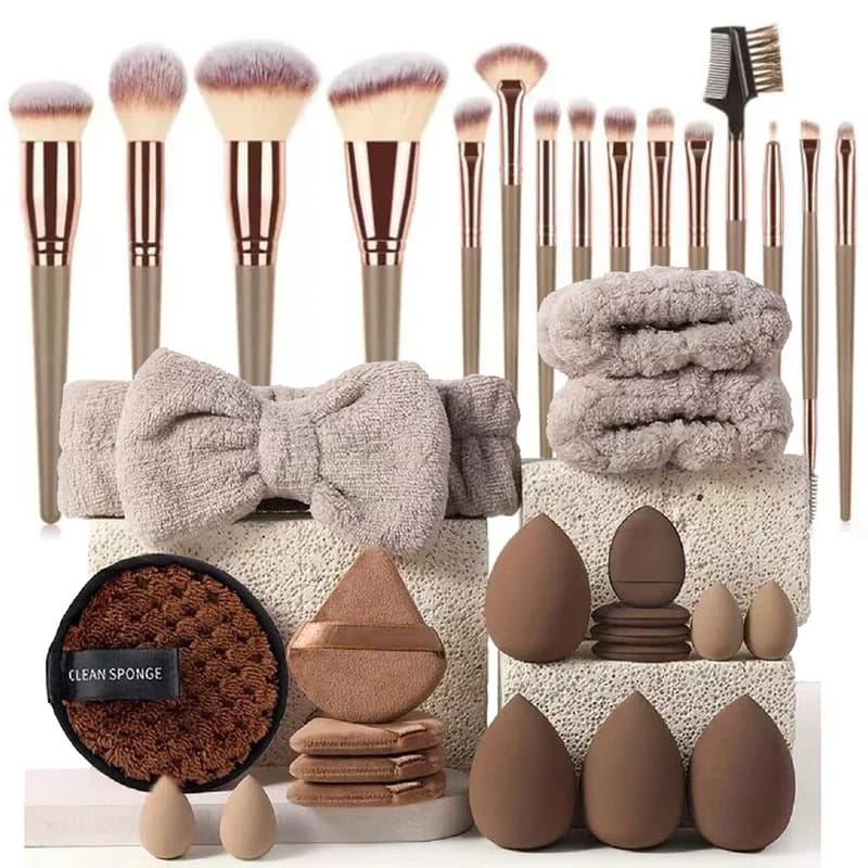 Conjunto de Pincéis e Esponjas de Maquiagem, Puff de Maquiagem Marrom, Esponja de Maquiagem, Tiara, Faixa de Pulso