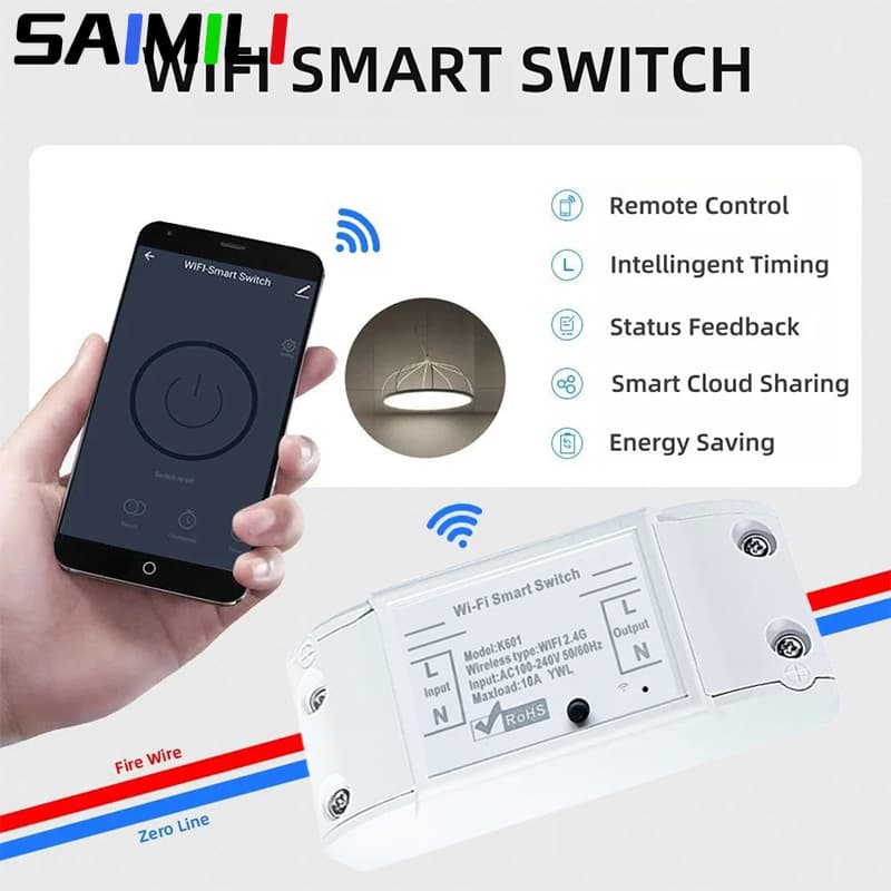 Interruptor Inteligente Saimili RF433MHz Mini Kit De Controle Sem Fio 16A Ac100-240V De Luz Parede Redonda Azul