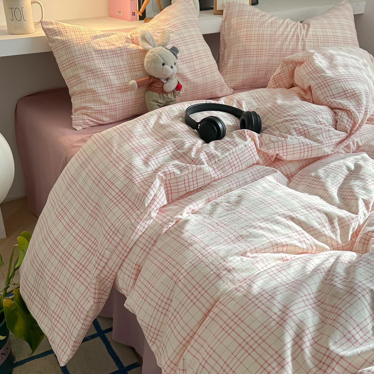 Conjunto de cama xadrez com laço em três peças, 2 cores: rosa/marrom, capa de edredom de poliéster, sem enchimento, sem