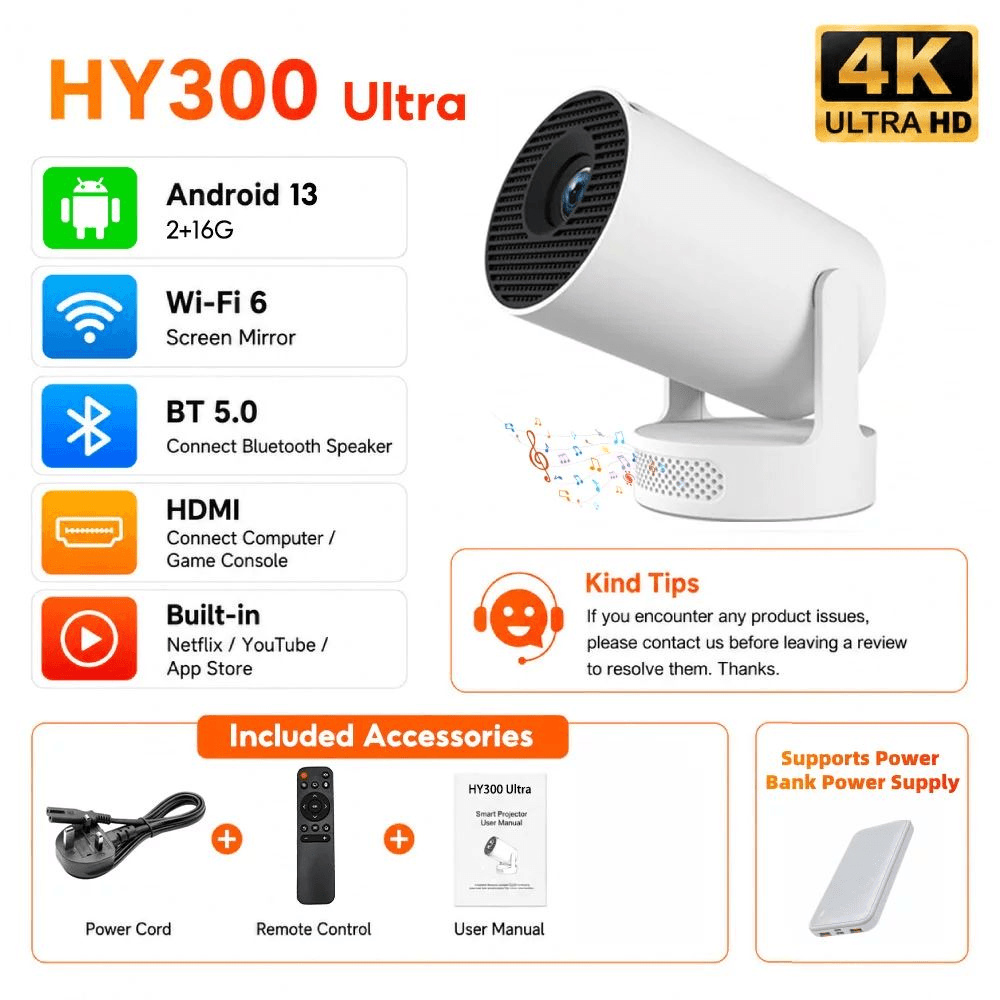 Presente de Dia dos Pais: Mini Projetor HY300 PRO 1080P, Android 13, 4K WiFi Bluetooth, Projetor de Home Theater LED