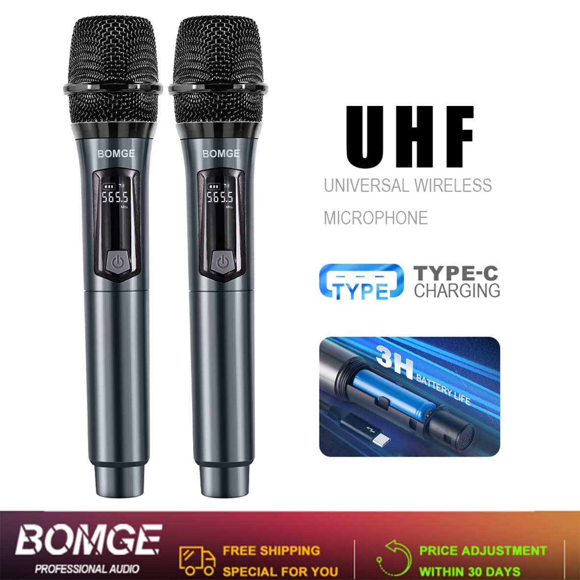 BOMGE Microfone Sem Fio UHF Par de Microfones Dinâmicos de Mão Tipo-C