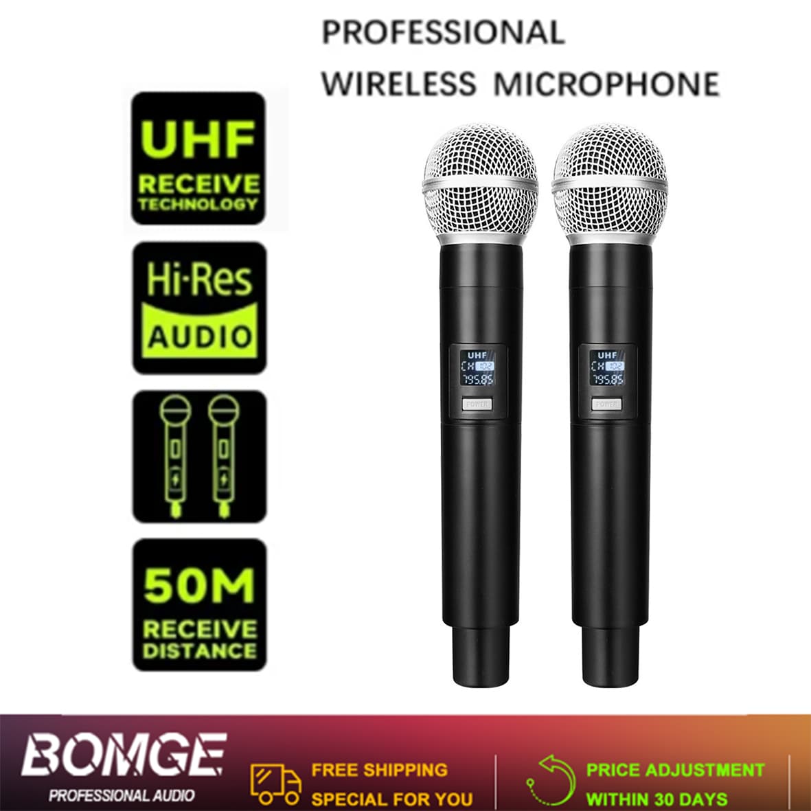 BOMGE Microfone Sem Fio UHF Conjunto com 2 Microfones Dinâmicos de Mão