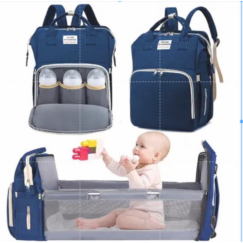 VMI--Bolsa mochila de fraldas multifuncional; converte em berço portátil dobrável; grande capacidade com compartimento