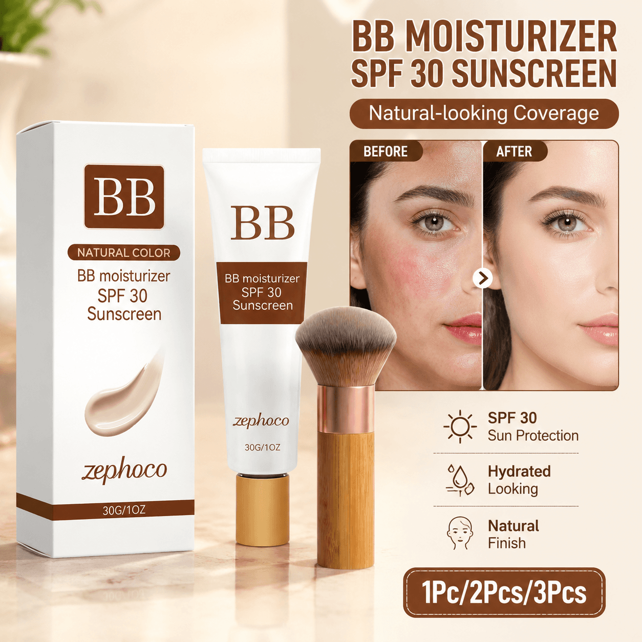 Trio de BB Cream Hidratante e Protetor Profissional (Natural/Marfim/Trigo) Com Pincel Para Acabamento Mate Suave Uso