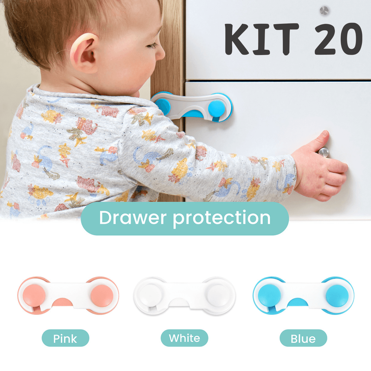 Conjunto à Prova de Crianças: Travas de Segurança para Gavetas (20 unidades) + Protetores de Maçaneta de Porta, Kit de