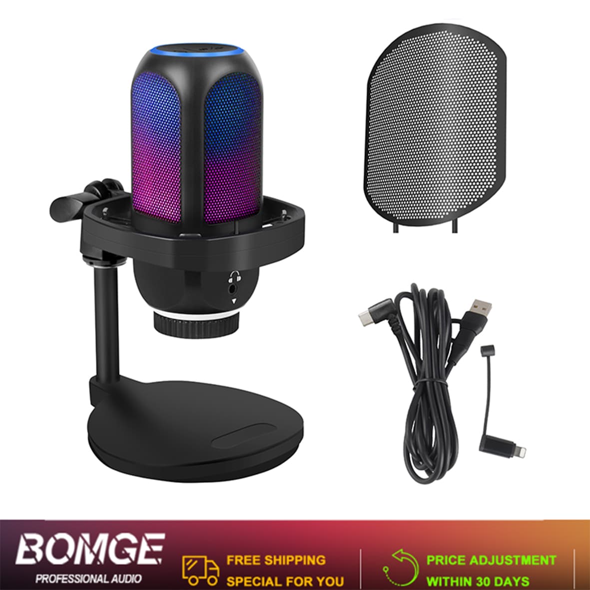 Kit De Microfone Condensador Para Jogos USB BOMGE RGB Light Mute PC