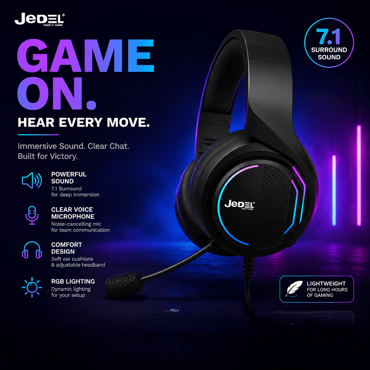 Fones de ouvido com fio RGB, auriculares com som surround, fone de ouvido gamer com microfone, headset com arco roxo,