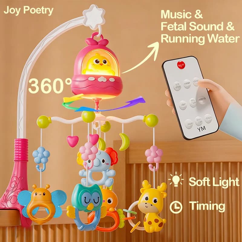 360° Móbile Musical de Berço para Bebê com Controle Remoto, Rotação, Luz Suave, Sino de Cama e Temporizador - Brinquedo