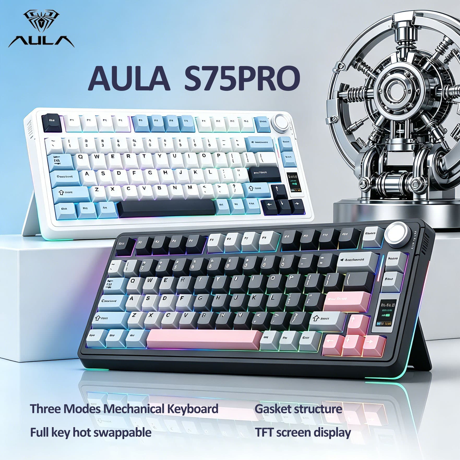 Teclados Aula S75Pro 75% Tri Mode Teclado de Jogos Sem Fio Hot Swappable RGB Retroiluminado com Botão LCD Knob 4000mAh