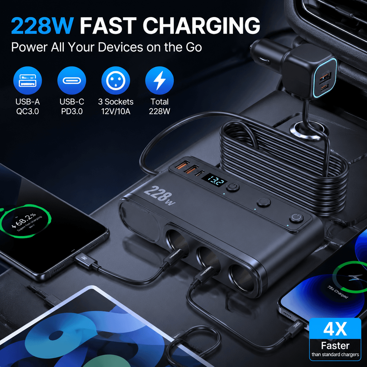 Carregador De Carro Rápido 228w Pd Adaptador Divisor De Isqueiro De 3 Portas 12v-24v Carregadores USB