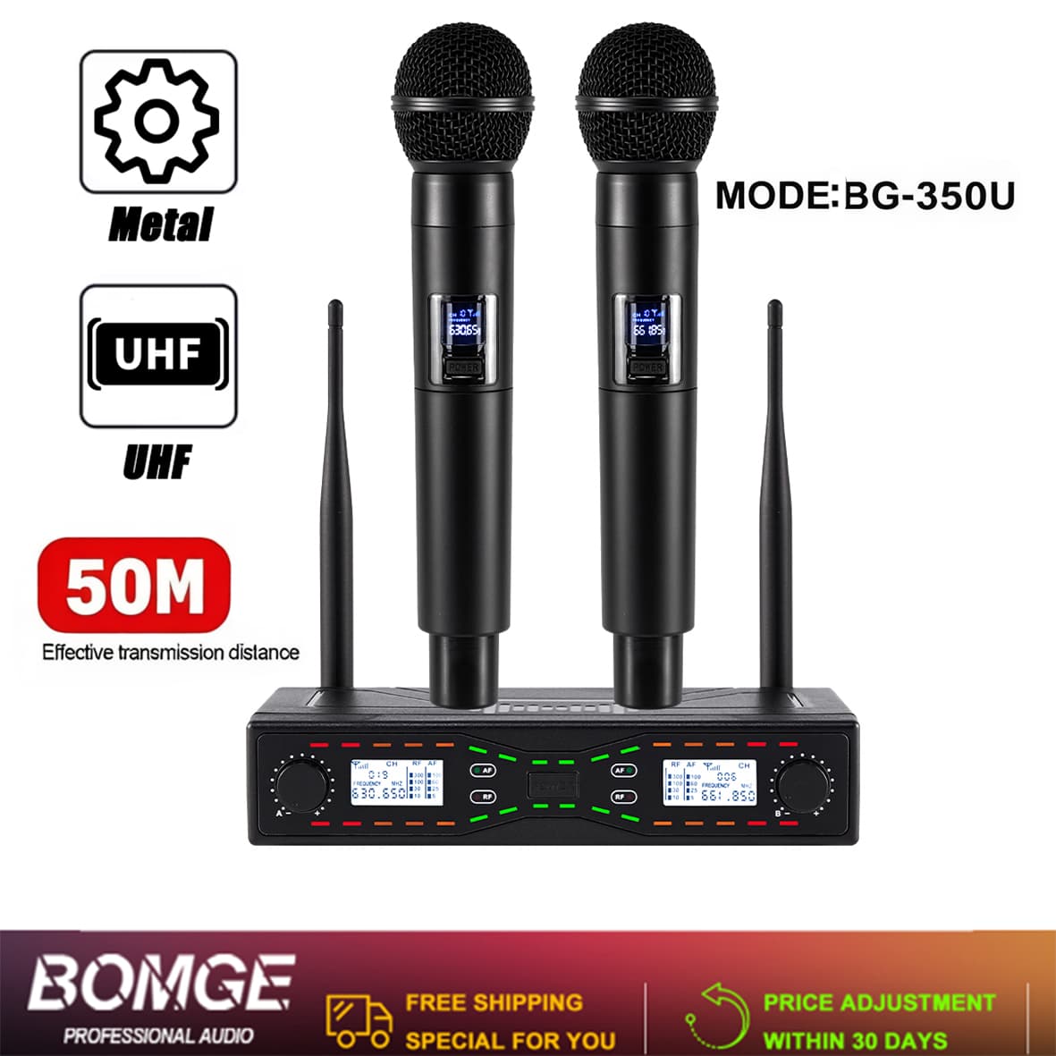 BOMGE Sistema de Microfone UHF Sem Fio, Microfone Dinâmico de Mão Sem Fio com Estojo de Transporte, Alcance de 45m para