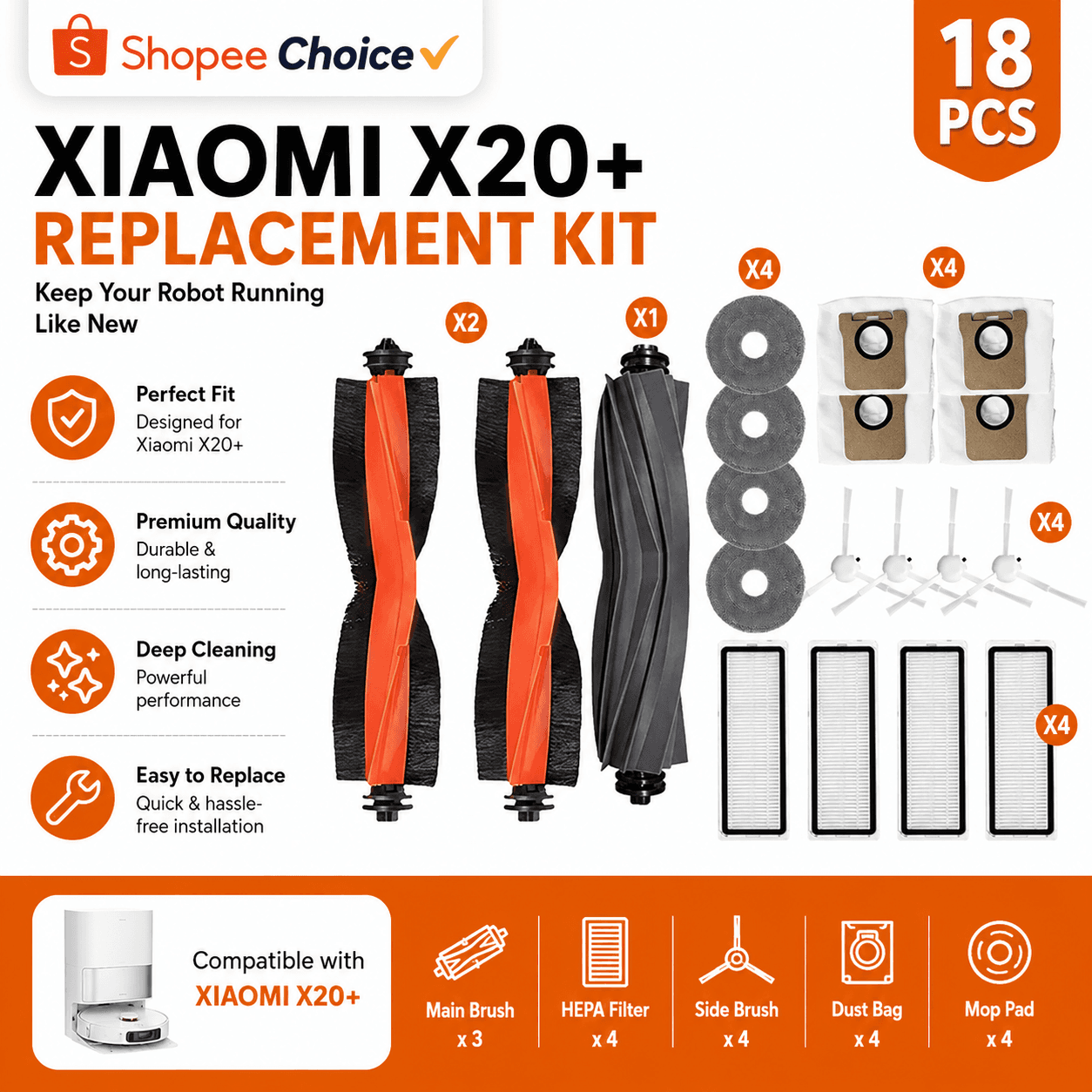 Kit de peças de reposição para o robô aspirador XIAOMI X20+: escova principal, escovas laterais, filtro, saco coletor e