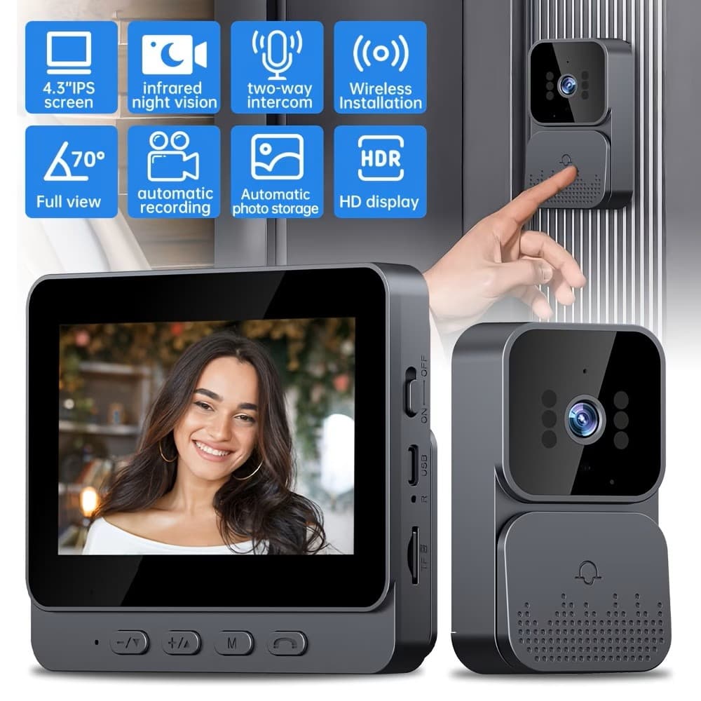 Campainha de Vídeo Sem Fio com Visor de 4,3 Polegadas, Monitoramento Inteligente de Vídeo Sem Fio, Campainha