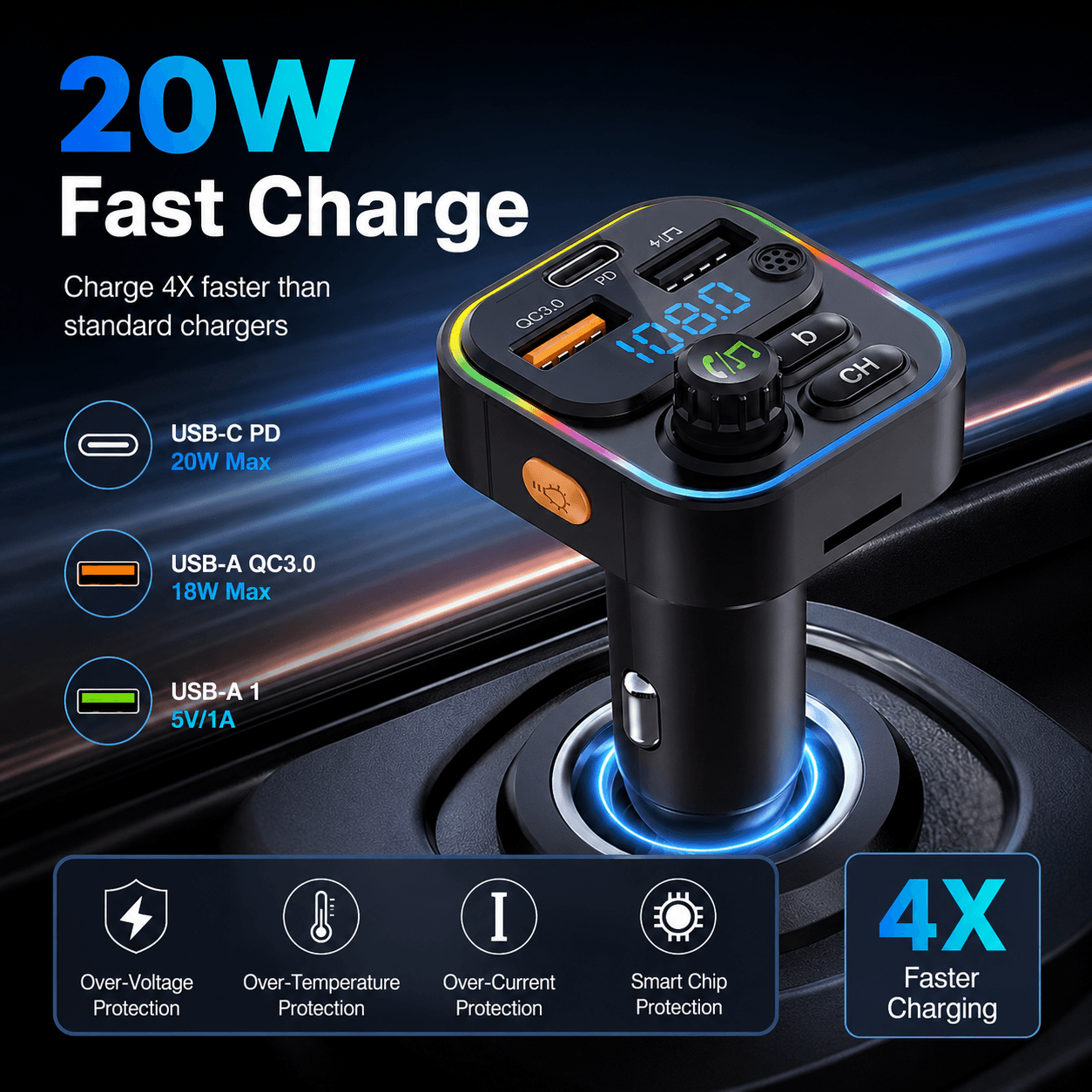 2026 Transmissor Bluetooth 5.0 FM, Modulador de Rádio Automotivo Mãos Livres, MP3 Player com Adaptador de Carga Rápida