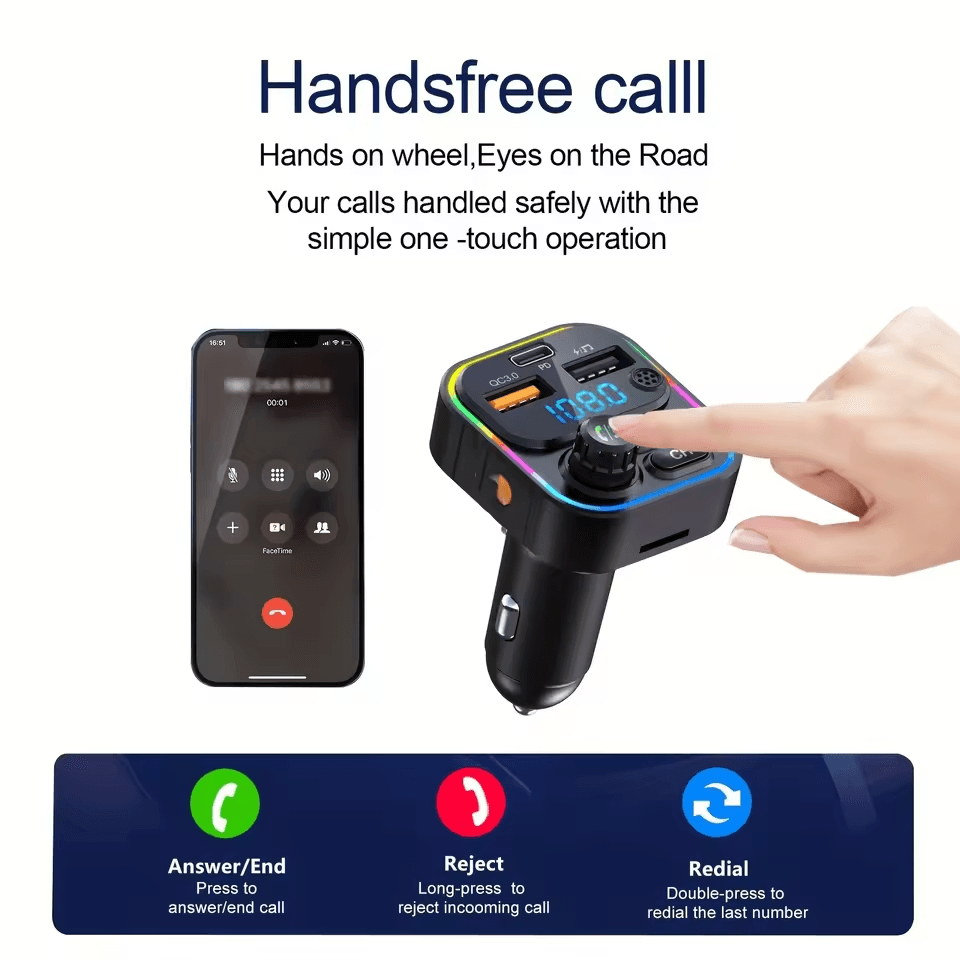 2026 Transmissor FM automotivo Bluetooth com carregamento rápido USB duplo, luz ambiente LED colorida 7 em 1, viva-voz,