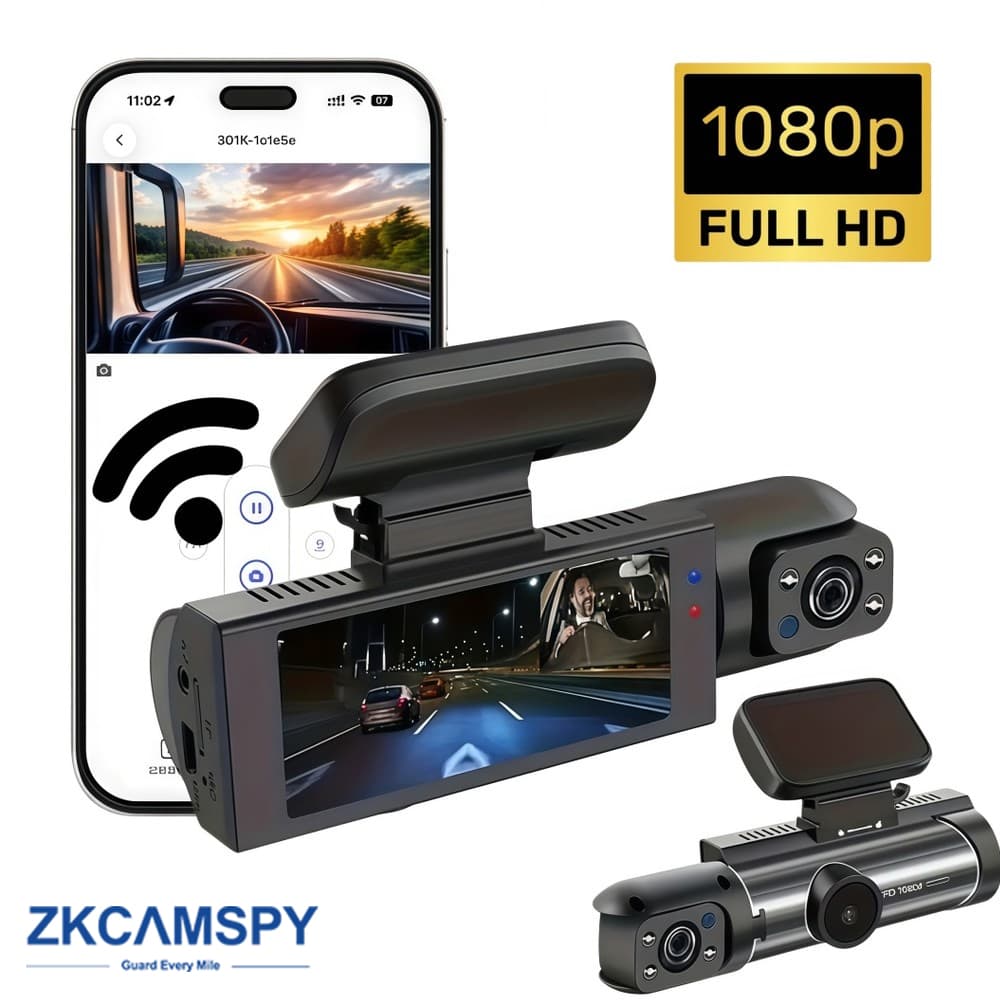 Câmera Veicular 1080P com WiFi e 2 Câmeras (Frontal e Interna), com Visão Noturna por IR, Gravação em Loop e Ângulo