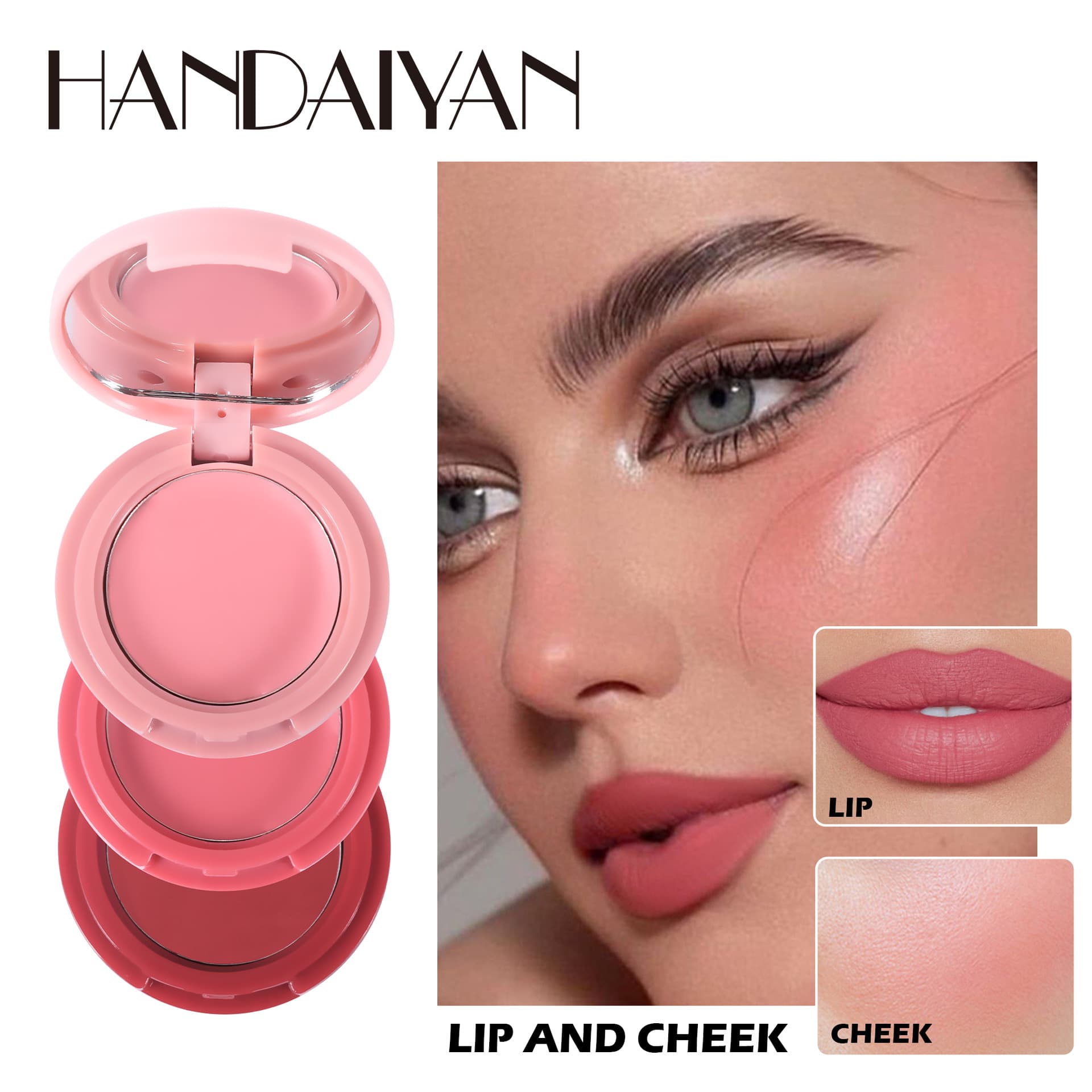 HANDAIYAN Paleta 3-em-1 de Iluminador, Blush e Contorno – Pó Fino e Suave que adere à pele, com Cor Duradoura e Sem