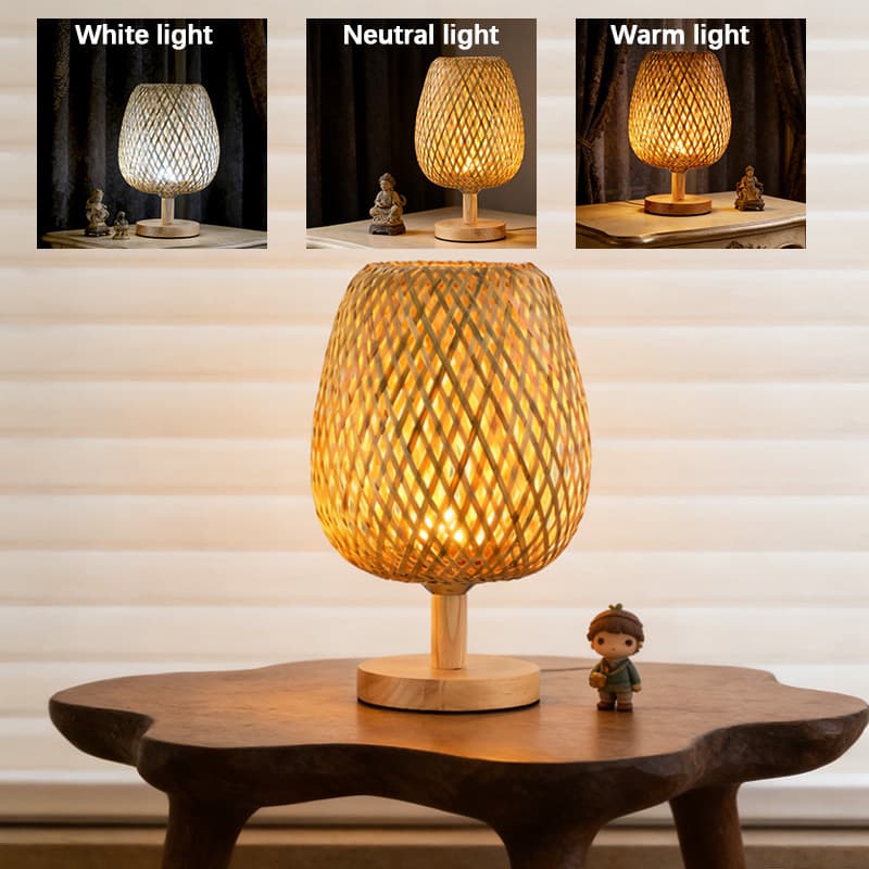 Luminária de Mesa de Bambu Feito à Mão, Luminária LED USB de 3 Temperaturas de Cor, Base de Madeira Natural Retro Boho,
