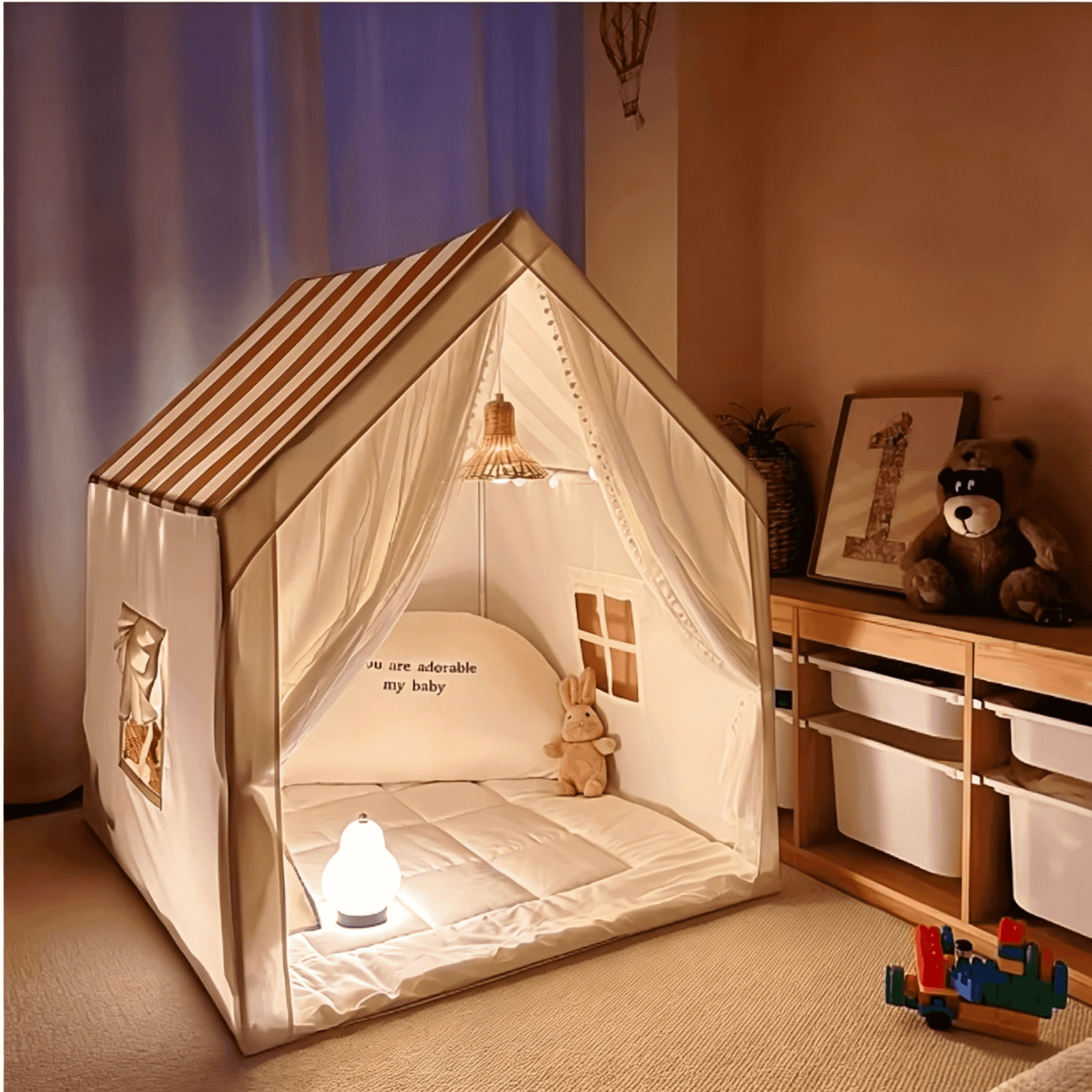 Playhouse Infantil Listrado Estilo Princesa , Lavável , Dobrável , Decoração Fresca , Barraca De Brincar Interna