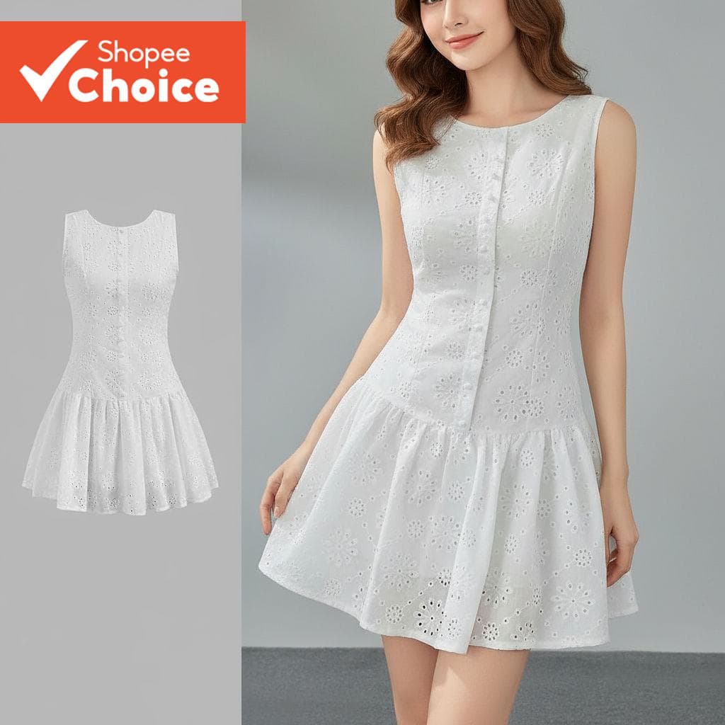 Vestido Feminino Casual de Algodão Bordado em Renda LR2ED078