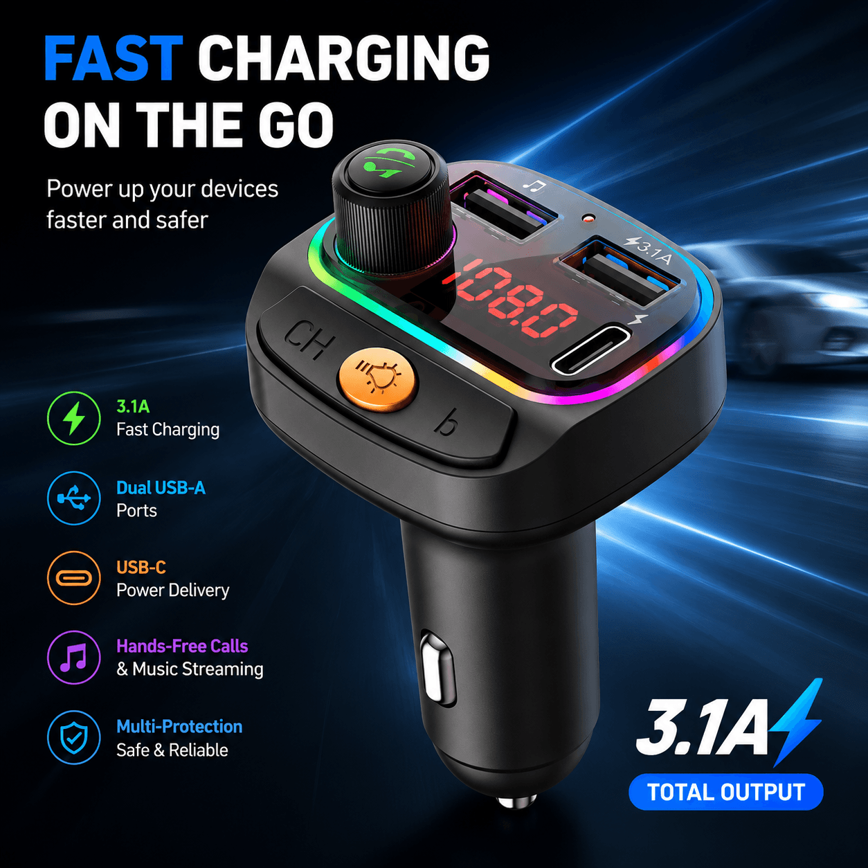 Transmissor FM Para Carro Bluetooth 5.0 Dual USB Fast-Charge MP3 Player Flash-Drive Port Eletrônicos Automotivos