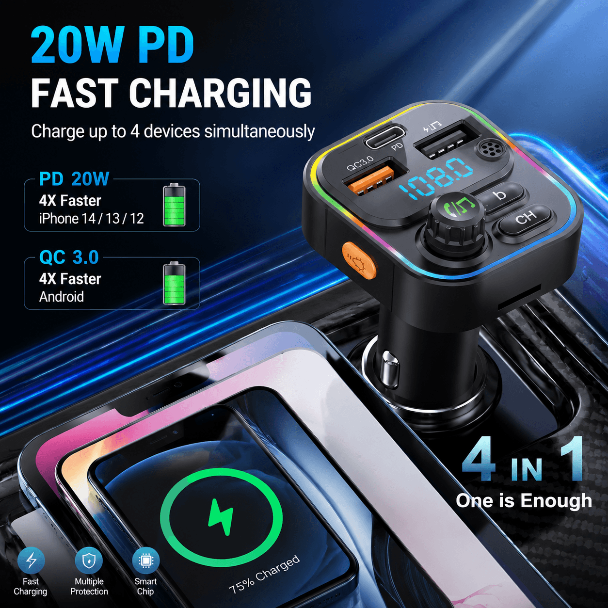BLUETOOTH 5.0 Transmissor Fm Handsfree Car Radio Modulador Carregador USB Mp3 Player