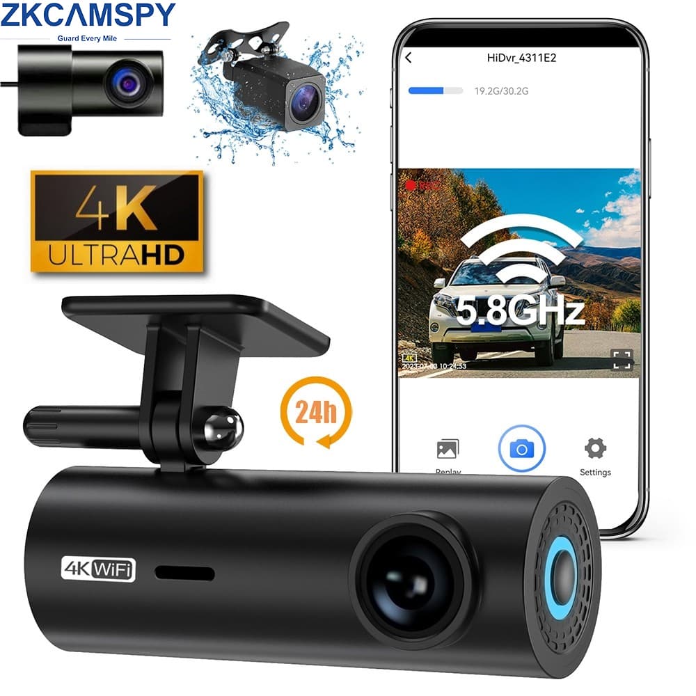 Gravador de Câmera Veicular Dupla 4K+1080P com Wi-Fi, Lentes Duplas, DVR para Carro, Câmera de Vídeo, Visão Noturna 24h,