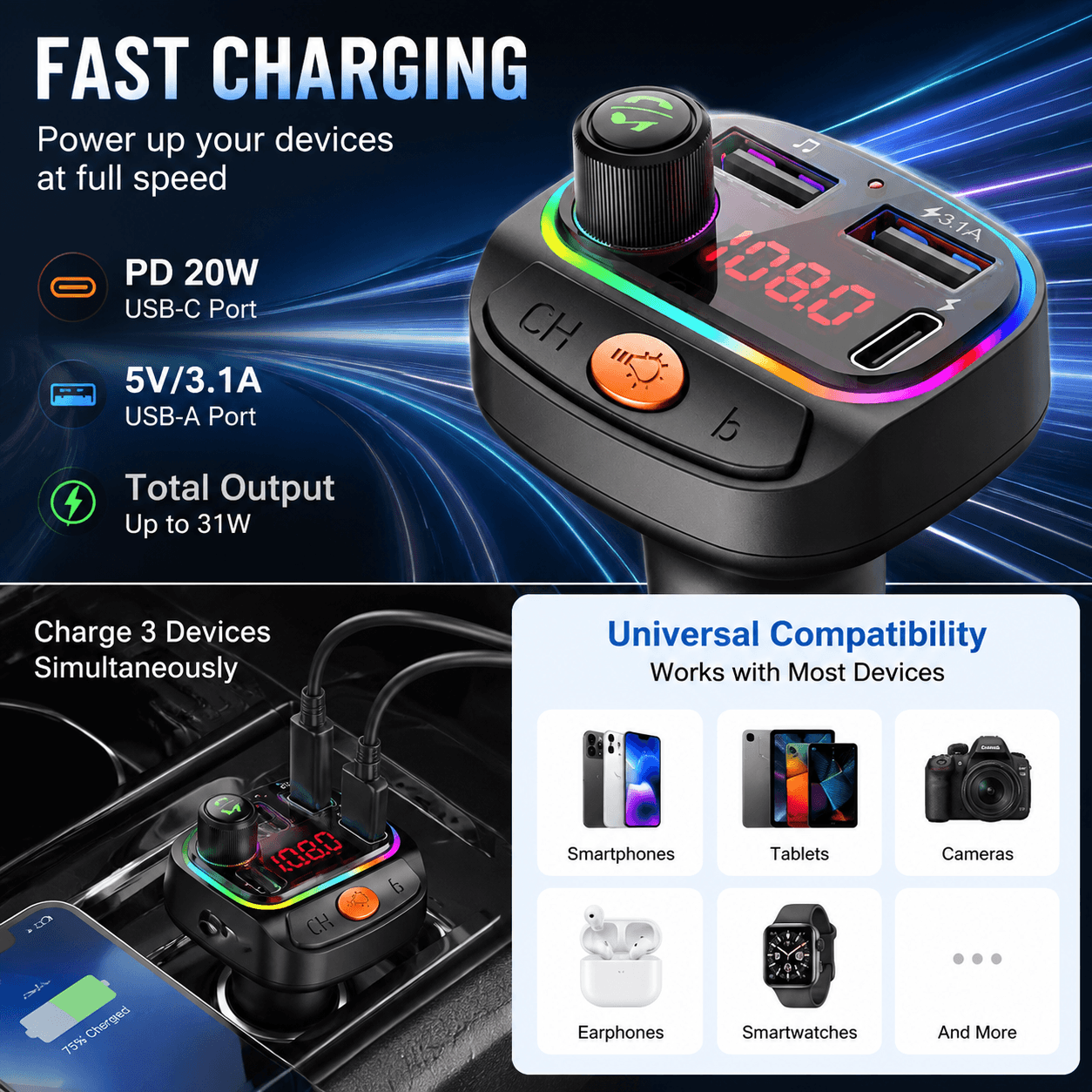 BLUETOOTH Transmissor Fm Carregador De Carro 20w Pd Usb-c Com Microfone Chamada Viva-Voz Mp3 Player