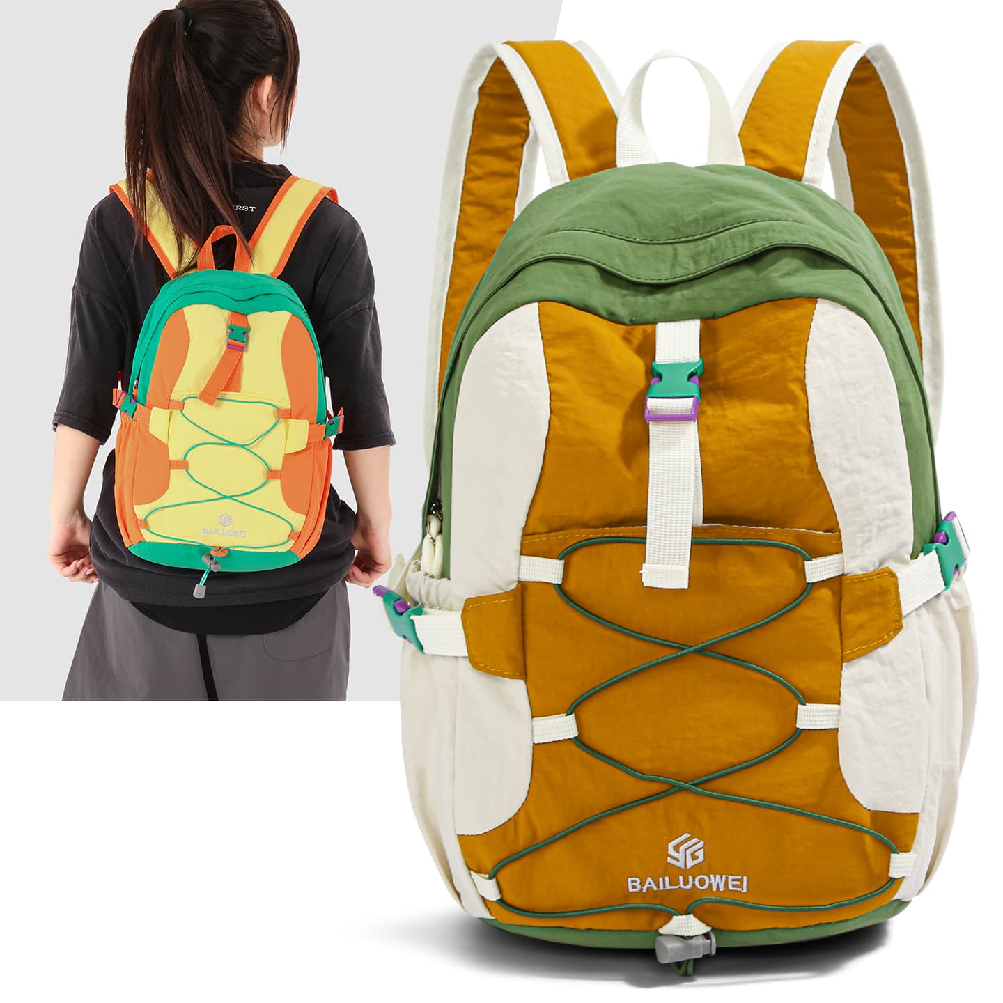 Mochila de Nylon Leve com Blocos de Cor, Alça Elástica, Impermeável, para Mulheres. Ideal para Trilhas, Viagens,