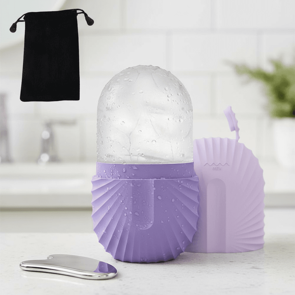 Conjunto de Rolo Facial de Gelo em Aço Inoxidável e Ferramenta Gua Sha – Massageador Facial Reutilizável Resfriador