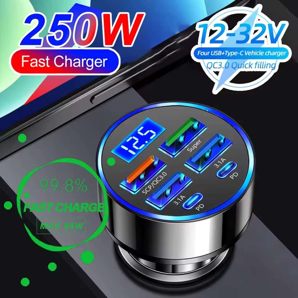 Carregador De Carro USB PD QC3.0 Carregamento Rápido Com Display Digital Isqueiro 6 Portas