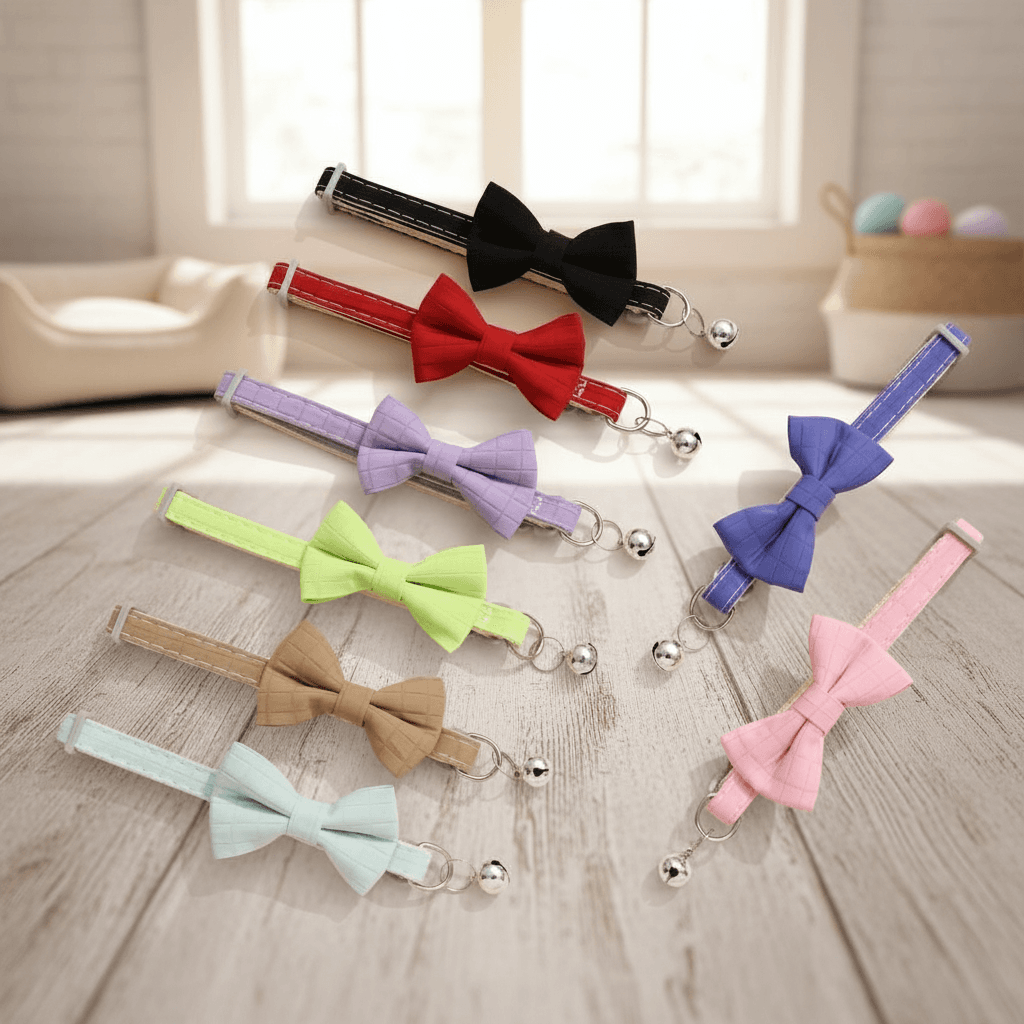 Colar ajustável xadrez com laço e sino para gatos e cães, acessório anti-perda para pets