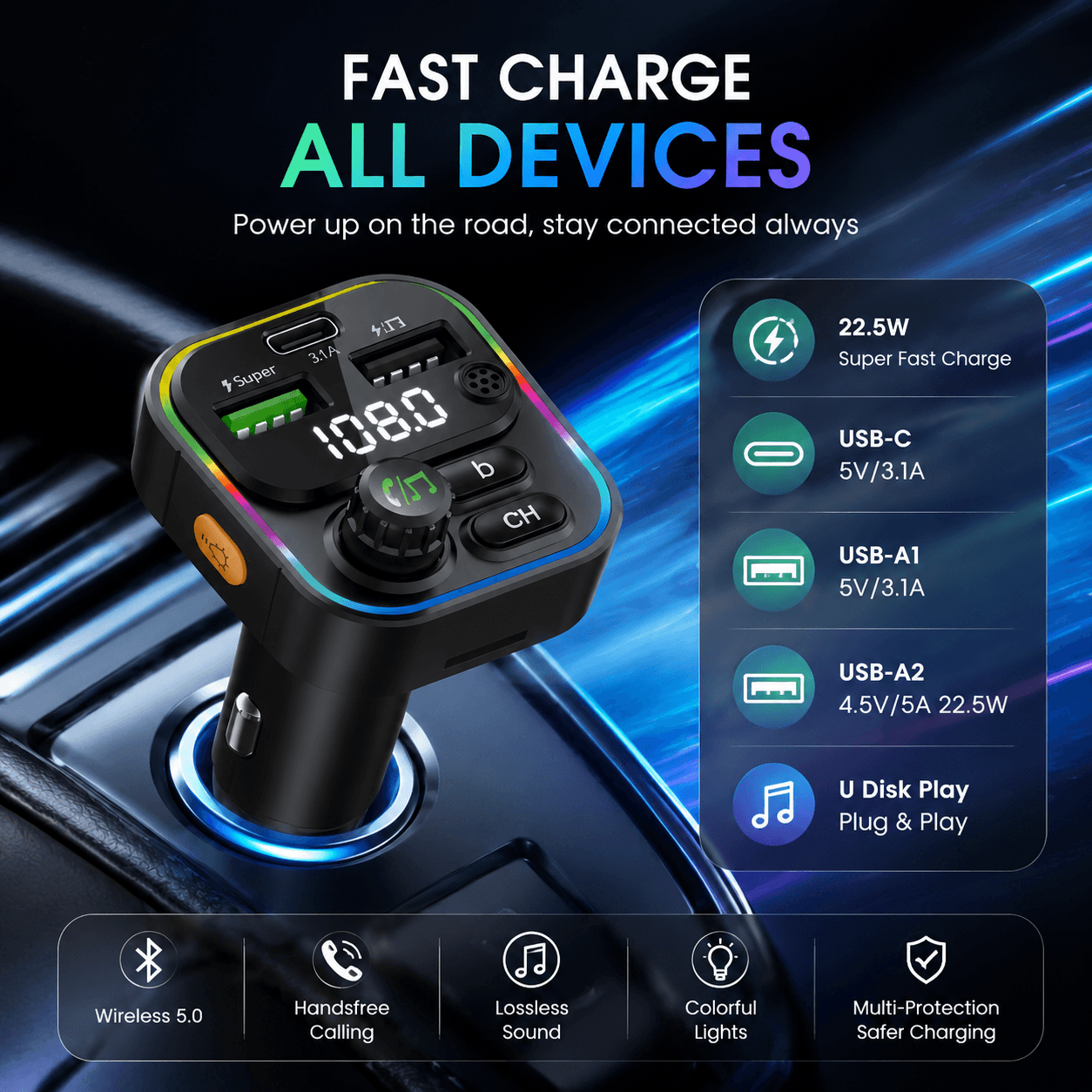 2026 Transmissor FM Bluetooth para Carro, Modulador de Rádio, MP3 Player com Adaptador Super Carregamento Rápido USB
