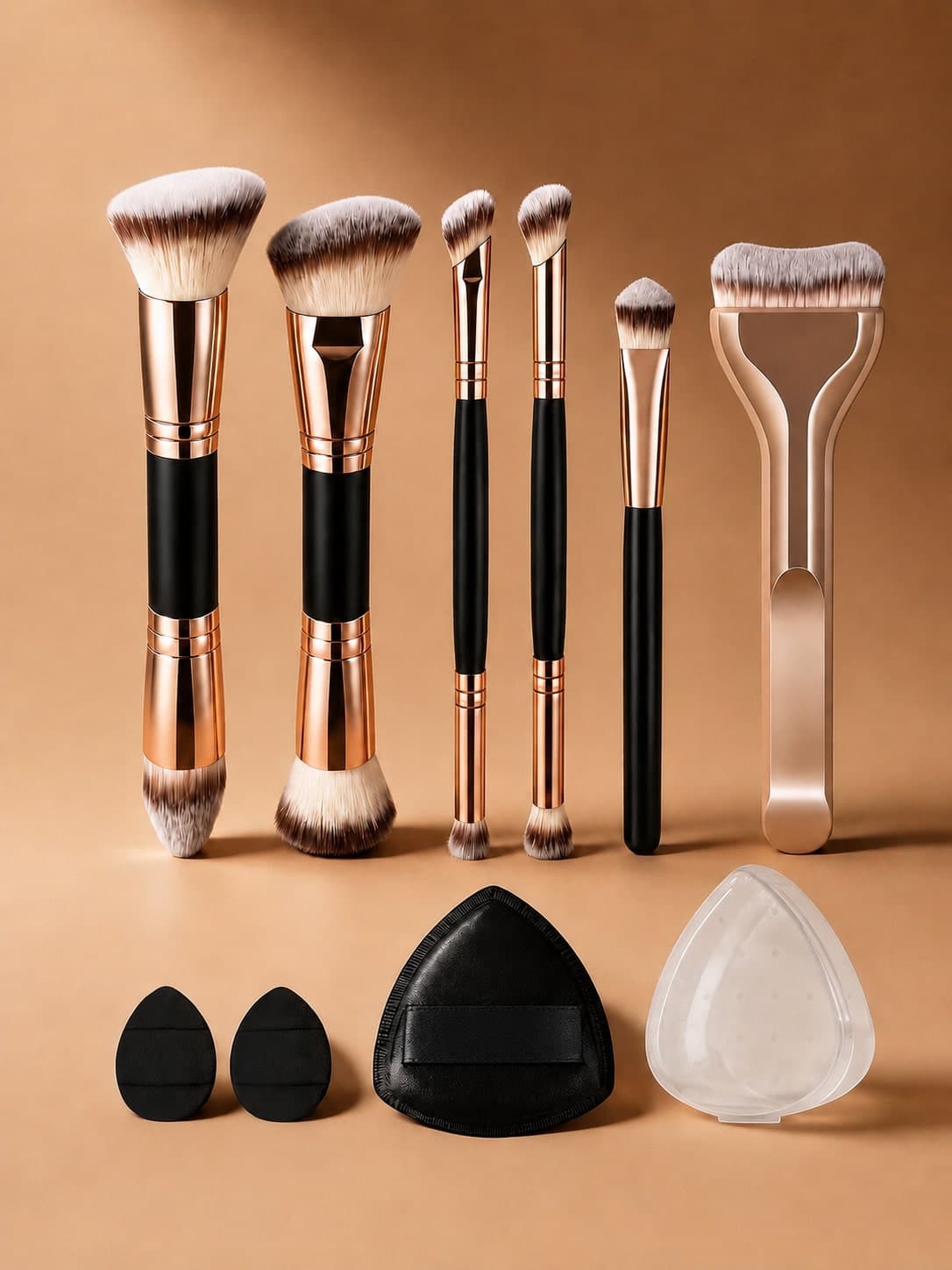 Conjunto de Pincéis de Maquiagem 9 Peças com 6 Pincéis & 3 Esponjas, Pincel de Base, Pincel de Blush, Pincel de