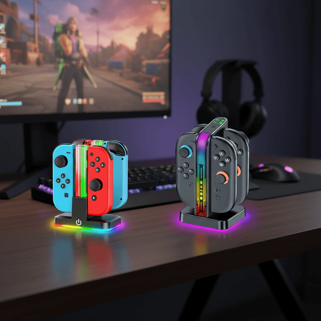 Carregador com 4 controles RGB para Nintendo Switch/Switch 2 Joy-cons, inclui cabo de carregamento tipo C.