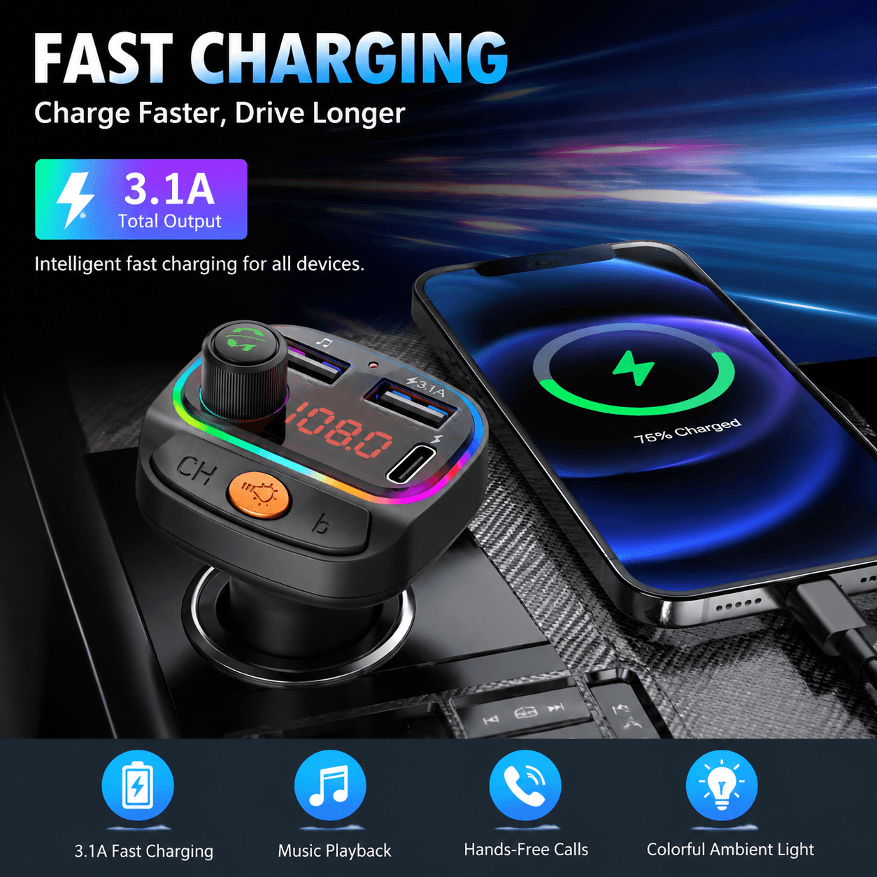 Transmissor FM Bluetooth 5.0 para Carro: PD Tipo-C + Dupla USB, MP3 sem Fio com Luz Ambiente, Viva-Voz