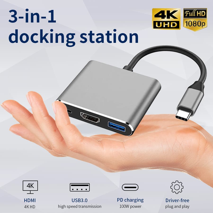 3 em 1 Hub USB C para HDMI PD100W USB C para HDMI Splitter Tipo C para HUB HDTV Estação de acoplamento USB para PC