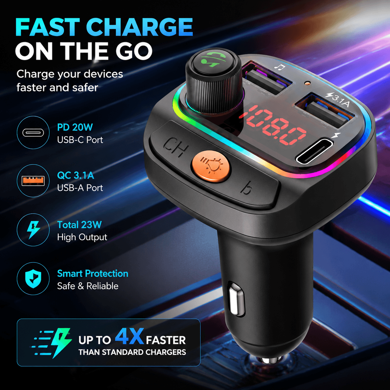 Carro BLUETOOTH 5.3 Transmissor Fm Sem Fio Mp3 Player Carregador USB Handsfree 3.1a Tipo-c