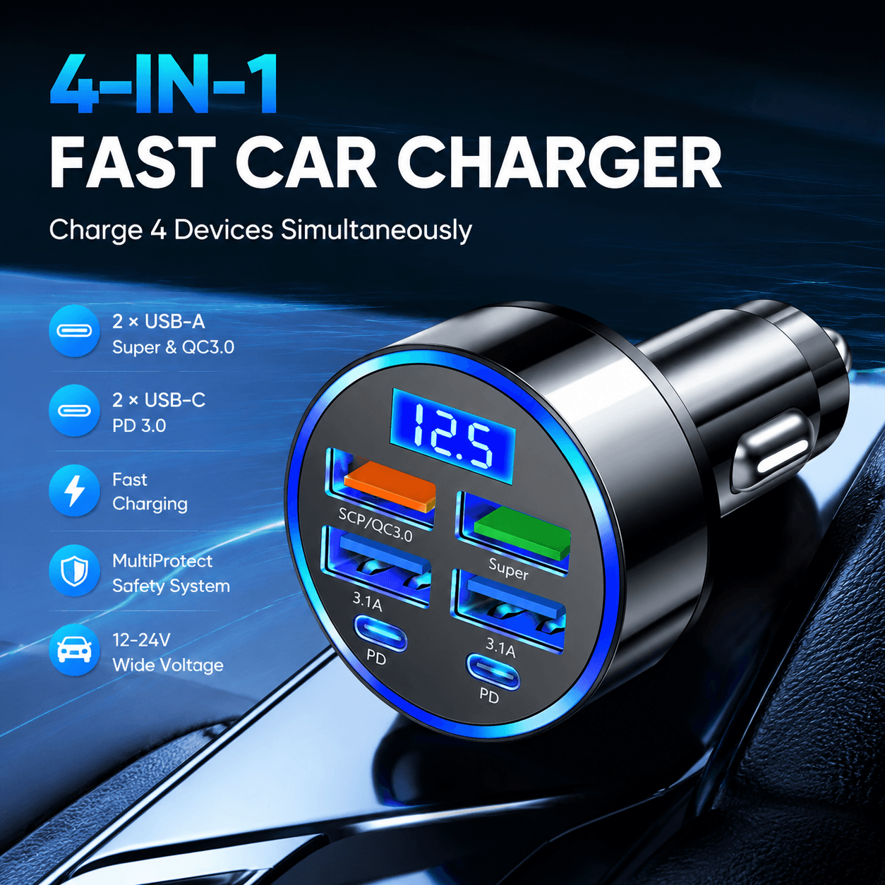 2026 PD Carregador Veicular QC3.0 Carregamento rápido 1 para 6, carregador veicular com carga Flash e display digital