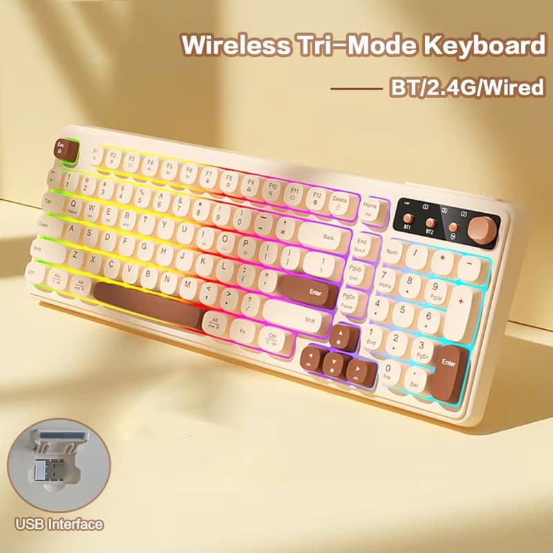 Teclado de jogos com ou sem fio com luz de fundo RGB, teclado de membrana Bluetooth de três modos para PC, laptop, mesa