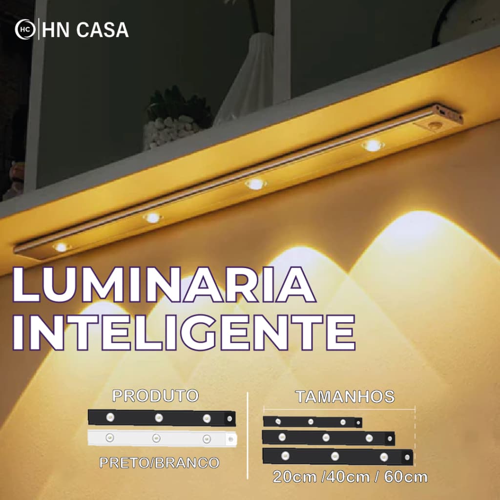 Lâmpada LED inteligente com sensor de movimento, recarregável via USB, fina e com 3 módulos de luz (20/40/60 cm)